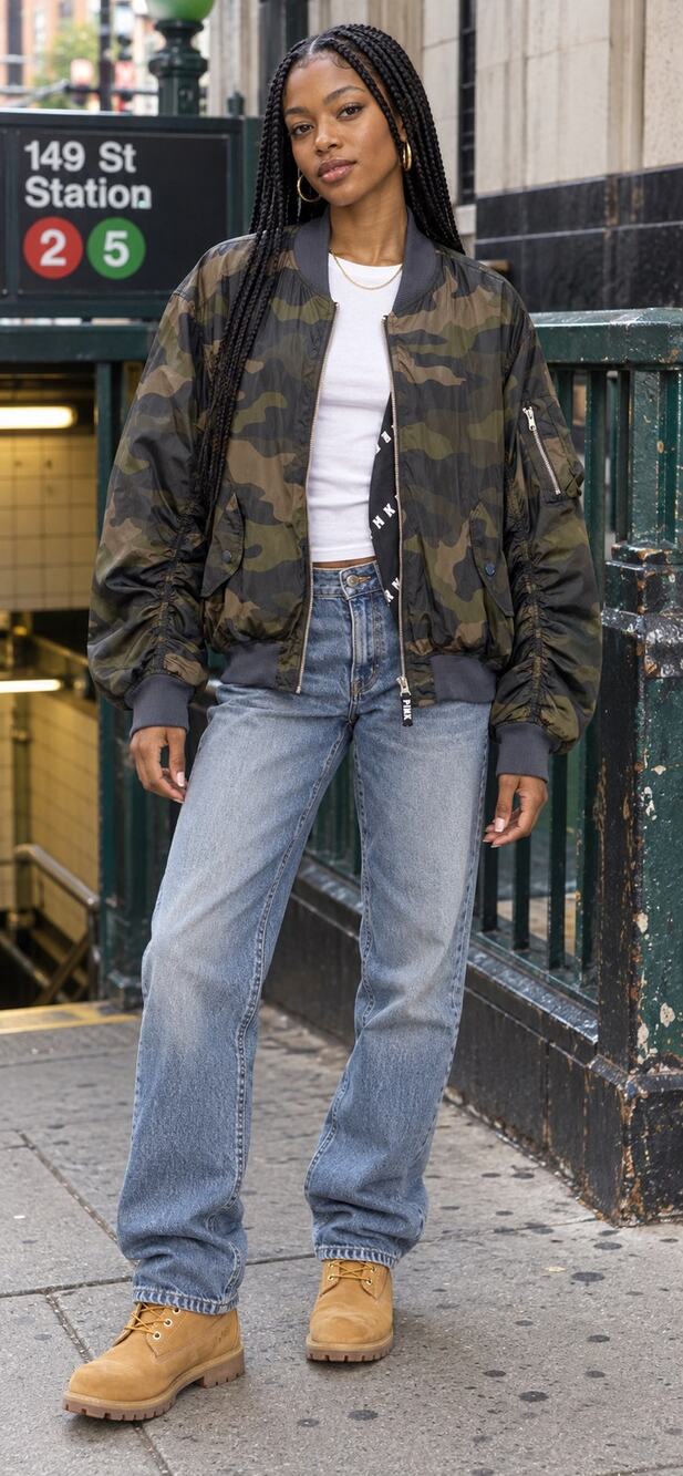 PINK Victoria’s Secret Camo Bomber Jacket XS Oversized Streetwear Ruched Sleeve
